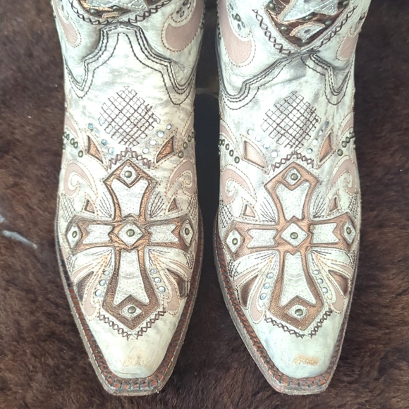 CORRAL AB084 "Sadler" ivory leather bronze cross cowgirl boot snip toe sz 9.5 - Picture 11 of 16